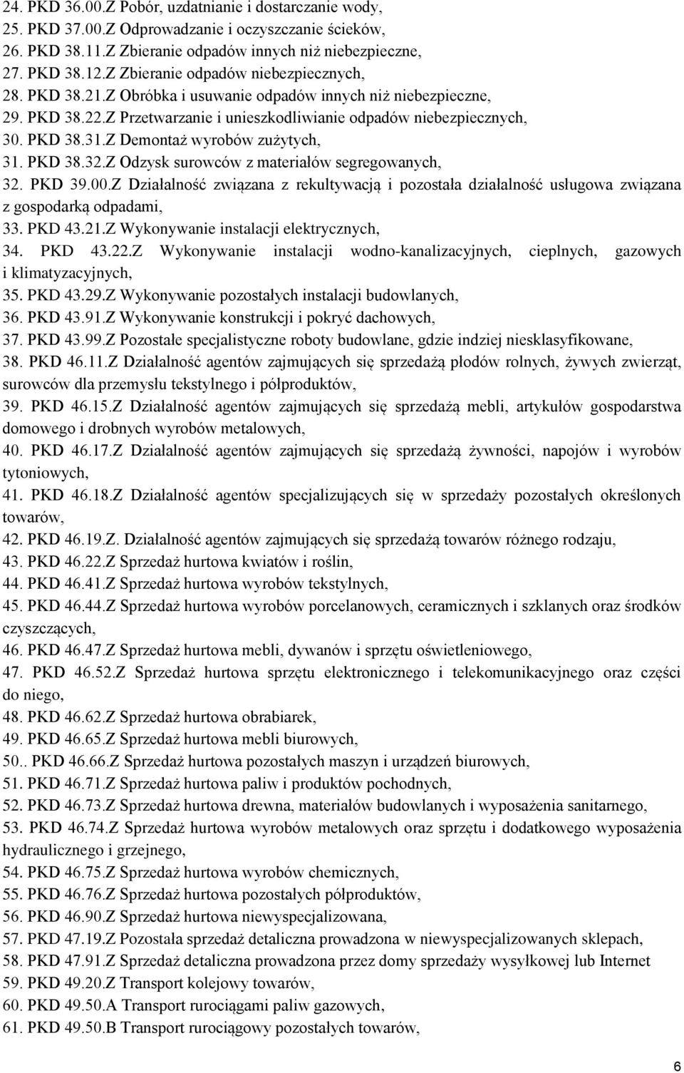 Z Demontaż wyrobów zużytych, 31. PKD 38.32.Z Odzysk surowców z materiałów segregowanych, 32. PKD 39.00.