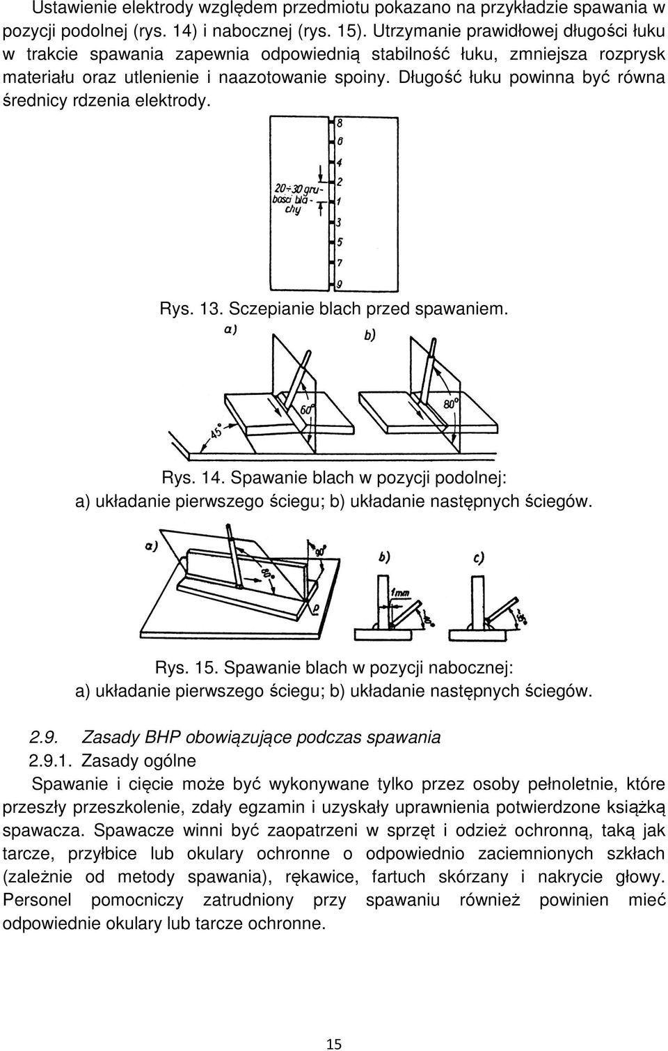 Długość łuku powinna być równa średnicy rdzenia elektrody. Rys. 13. Sczepianie blach przed spawaniem. Rys. 14.
