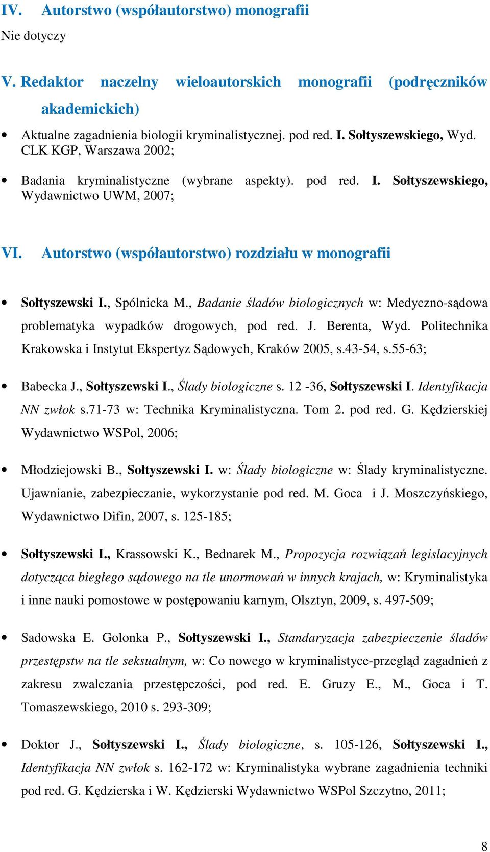 Autorstwo (współautorstwo) rozdziału w monografii Sołtyszewski I., Spólnicka M., Badanie śladów biologicznych w: Medyczno-sądowa problematyka wypadków drogowych, pod red. J. Berenta, Wyd.