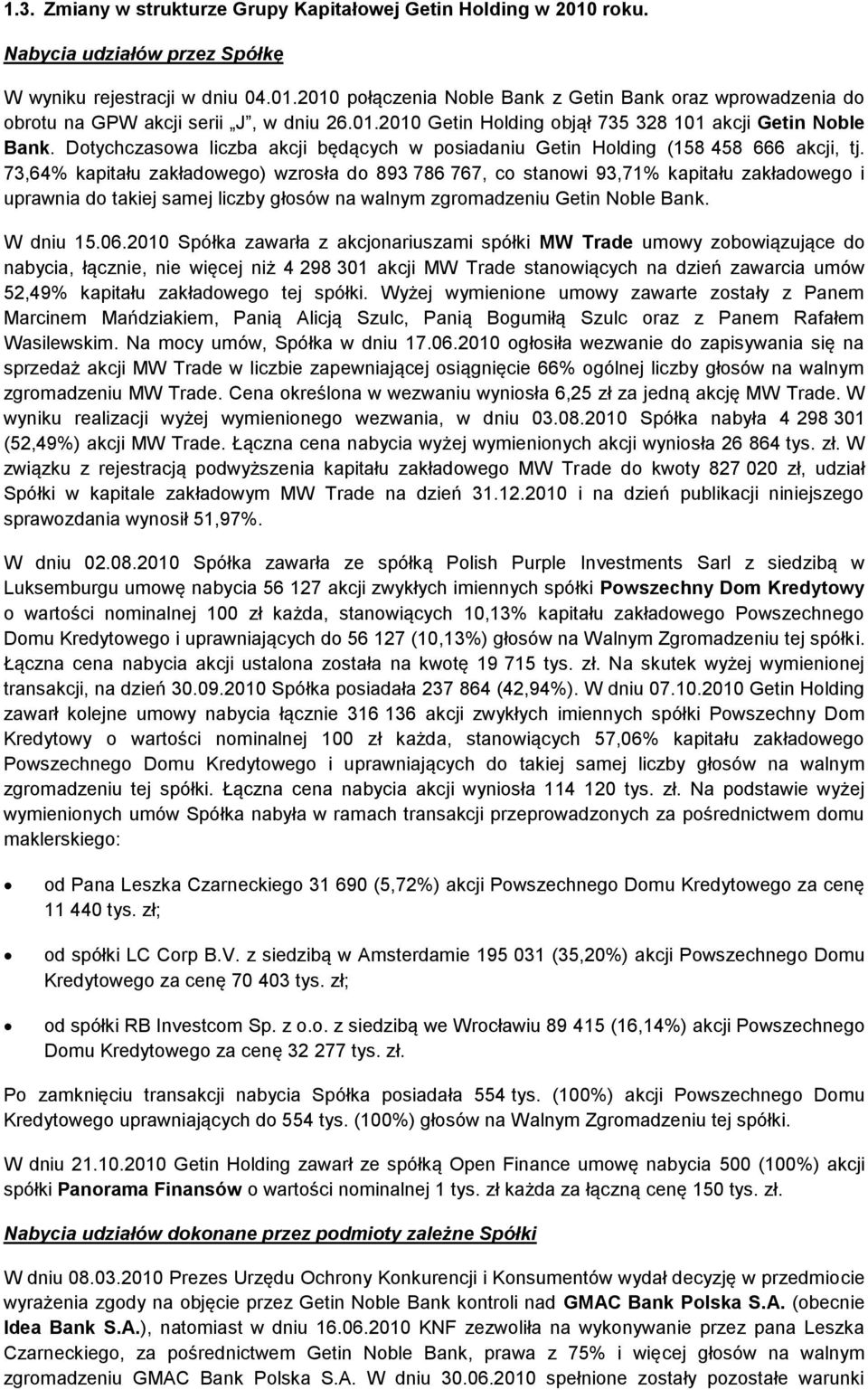 73,64% kapitału zakładowego) wzrosła do 893 786 767, co stanowi 93,71% kapitału zakładowego i uprawnia do takiej samej liczby głosów na walnym zgromadzeniu Getin Noble Bank. W dniu 15.06.
