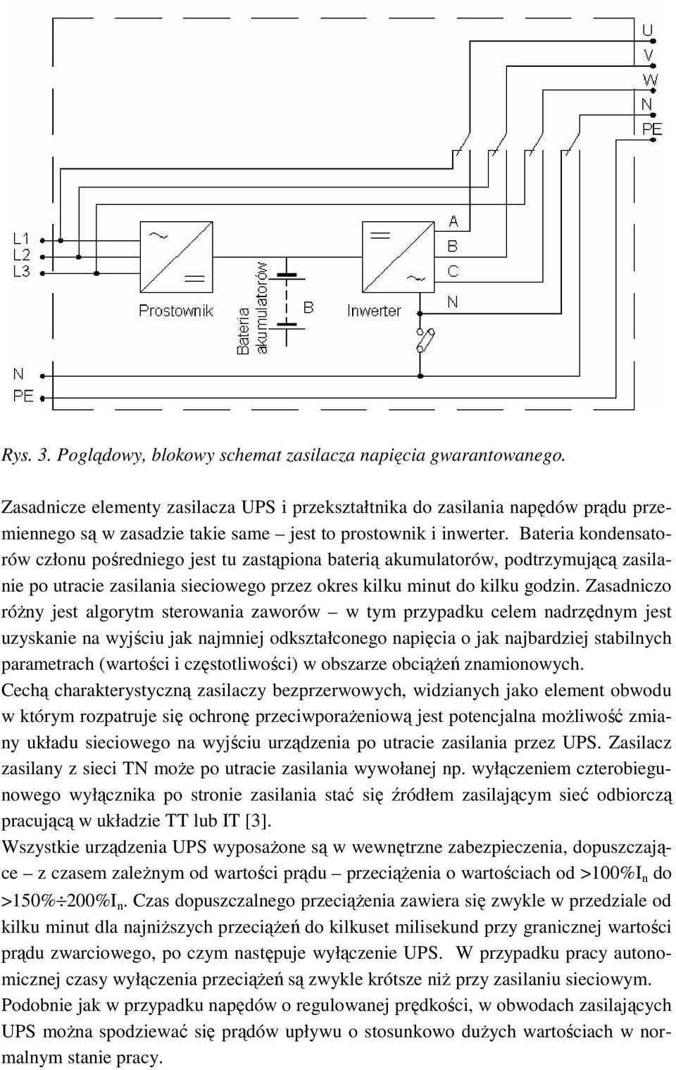 Bateria kondensatorów członu pośredniego jest tu zastąpiona baterią akumulatorów, podtrzymującą zasilanie po utracie zasilania sieciowego przez okres kilku minut do kilku godzin.