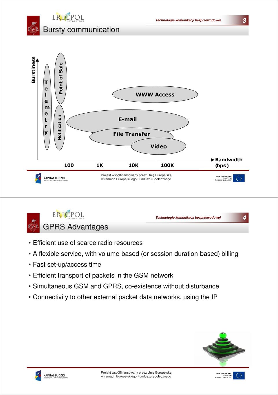 volume-based (or session duration-based) billing Fast set-up/access time Efficient transport of packets in the GSM