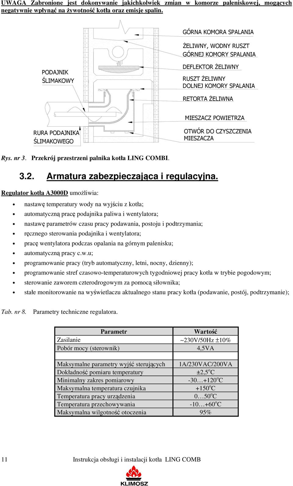 ŚLIMAKOWEGO OTWÓR DO CZYSZCZENIA MIESZACZA Rys. nr 3. Przekrój przestrzeni palnika kotła LING COMBI. 3.2. Armatura zabezpieczająca i regulacyjna.