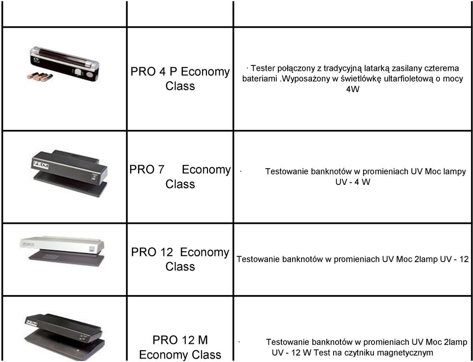 wyposażony w świetlówkę ultarfioletową o mocy 4W PRO 7 Economy Class Testowanie banknotów w promieniach UV Moc lampy UV - 4 W