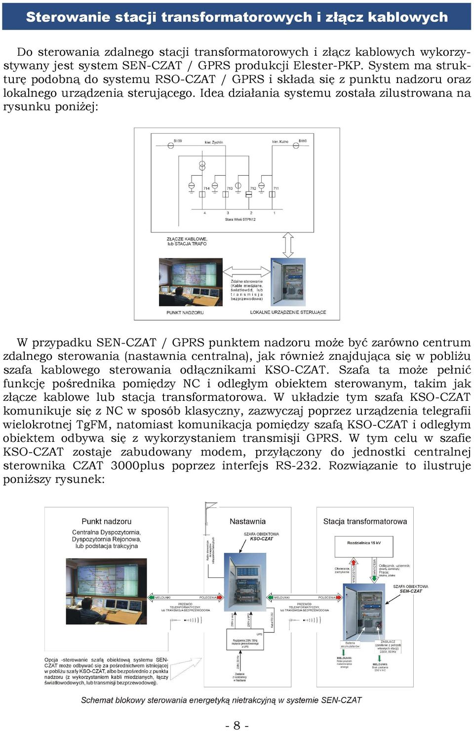 Idea działania systemu została zilustrowana na rysunku poniŝej: W przypadku SEN-CZAT / GPRS punktem nadzoru moŝe być zarówno centrum zdalnego sterowania (nastawnia centralna), jak równieŝ znajdująca