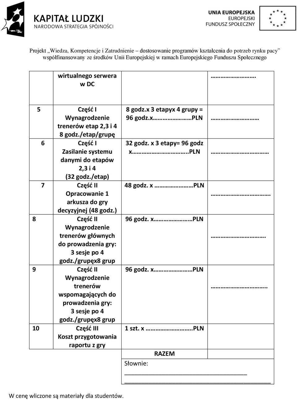 /grupęx8 grup 9 Część II Wynagrodzenie trenerów wspomagających do prowadzenia gry: 3 sesje po 4 godz.