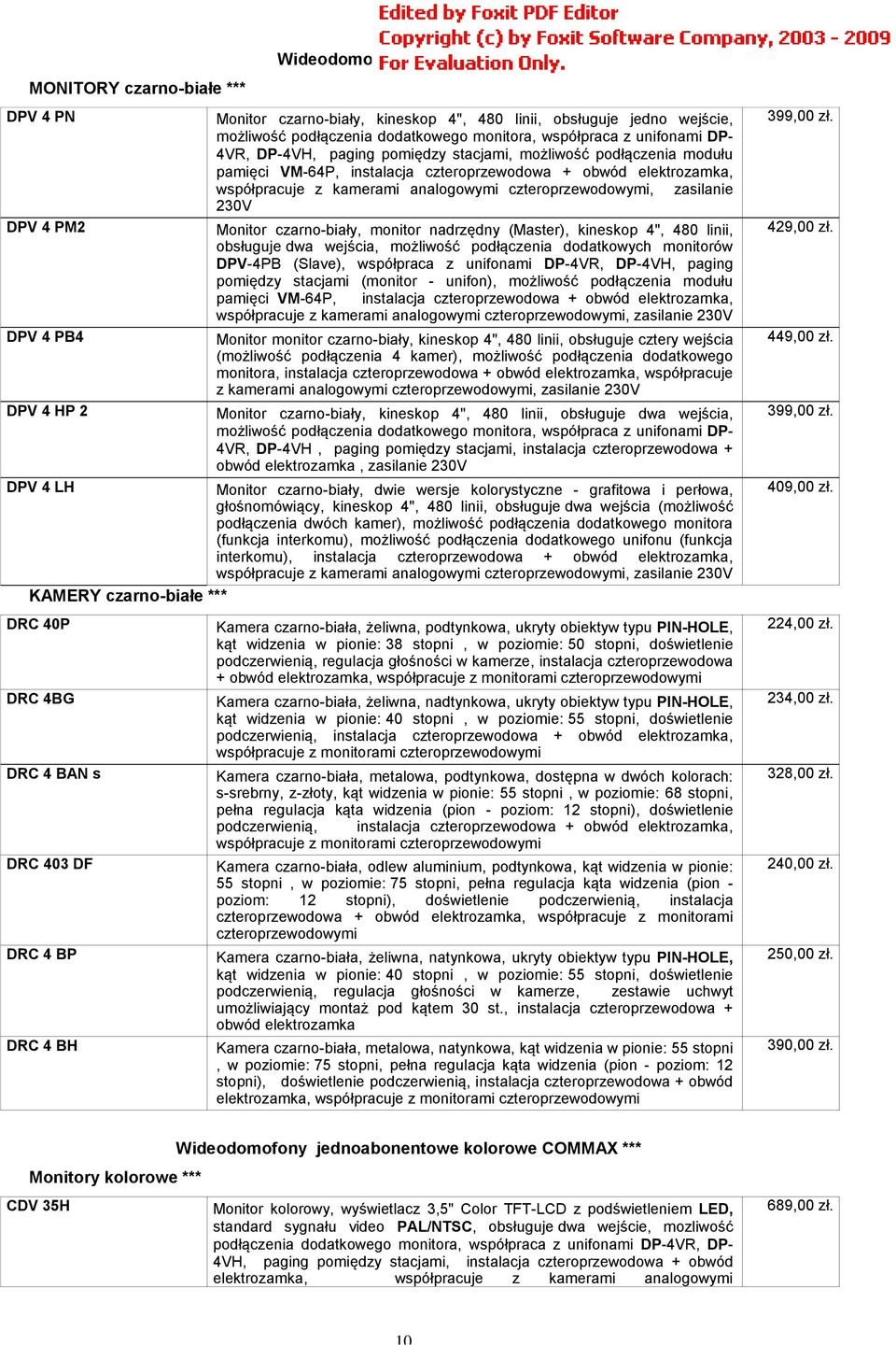 czteroprzewodowymi, zasilanie 230V DPV 4 PM2 Monitor czarno-biały, monitor nadrzędny (Master), kineskop 4", 480 linii, obsługuje dwa wejścia, możliwość podłączenia dodatkowych monitorów DPV-4PB