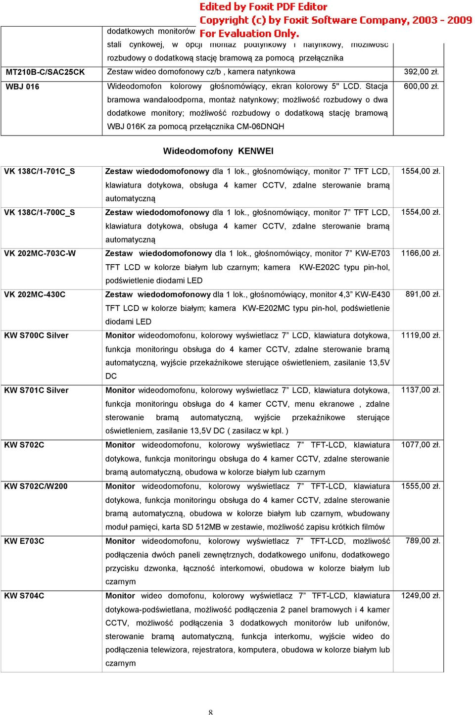 bramowa wandaloodporna, montaż natynkowy; możliwość rozbudowy o dwa dodatkowe monitory; możliwość rozbudowy o dodatkową stację bramową WBJ 016K za pomocą przełącznika CM-06DNQH Wideodomofony KENWEI