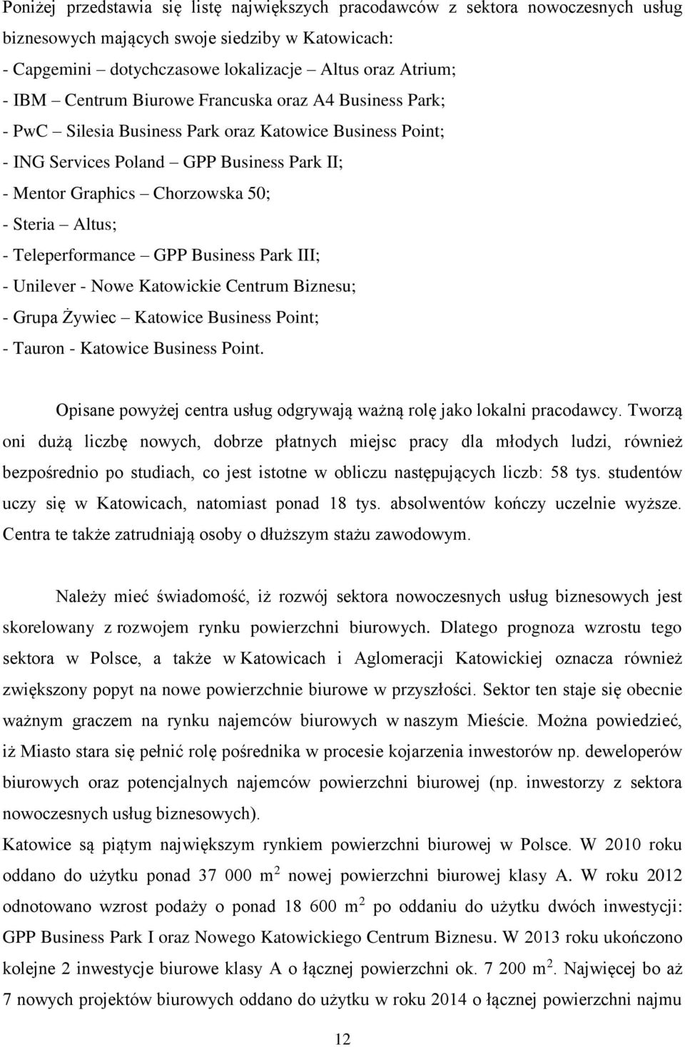 - Teleperformance GPP Business Park III; - Unilever - Nowe Katowickie Centrum Biznesu; - Grupa Żywiec Katowice Business Point; - Tauron - Katowice Business Point.