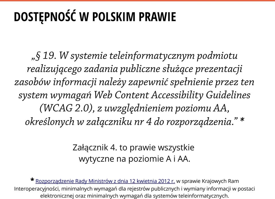 wymagań Web Content Accessibility Guidelines (WCAG 2.0), z uwzględnieniem poziomu AA, określonych w załączniku nr 4 do rozporządzenia. * Załącznik 4.