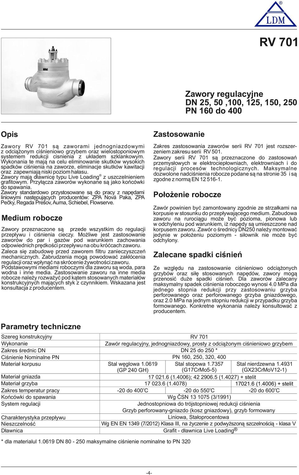 Zawory mają dławnicę typu Live Loading z uszczelnieniem grafitowym. Przyłącza zaworów wykonane są jako końcówki do spawania.