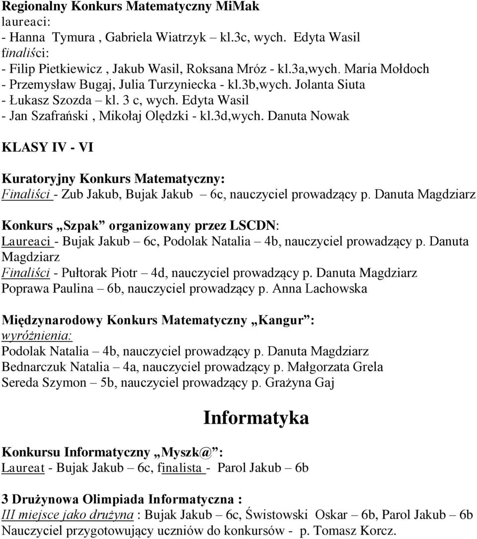 Danuta Nowak Kuratoryjny Konkurs Matematyczny: Finaliści - Zub Jakub, Bujak Jakub 6c, nauczyciel prowadzący p.