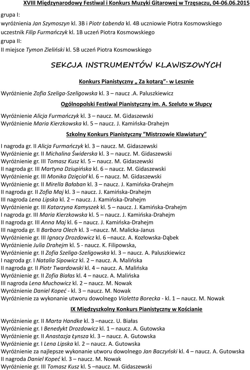 5B uczeń Piotra Kosmowskiego SEKCJA INSTRUMENTÓW KLAWISZOWYCH Konkurs Pianistyczny Za kotarą - w Lesznie Wyróżnienie Zofia Szeliga-Szeligowska kl. 3 naucz.a. Paluszkiewicz Ogólnopolski Festiwal Pianistyczny im.
