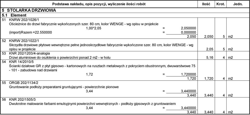 80 cm, kolor WENGE - wg opisu w projekcie 2,05 5 m2 53 KNR 202/1203/4-analogia Drzwi aluminiowe do oszklenia o powierzchni ponad 2 m2 - w holu 5,16 4 m2 54 KNR 14/2010/5 Ścianki działowe GR z płyt