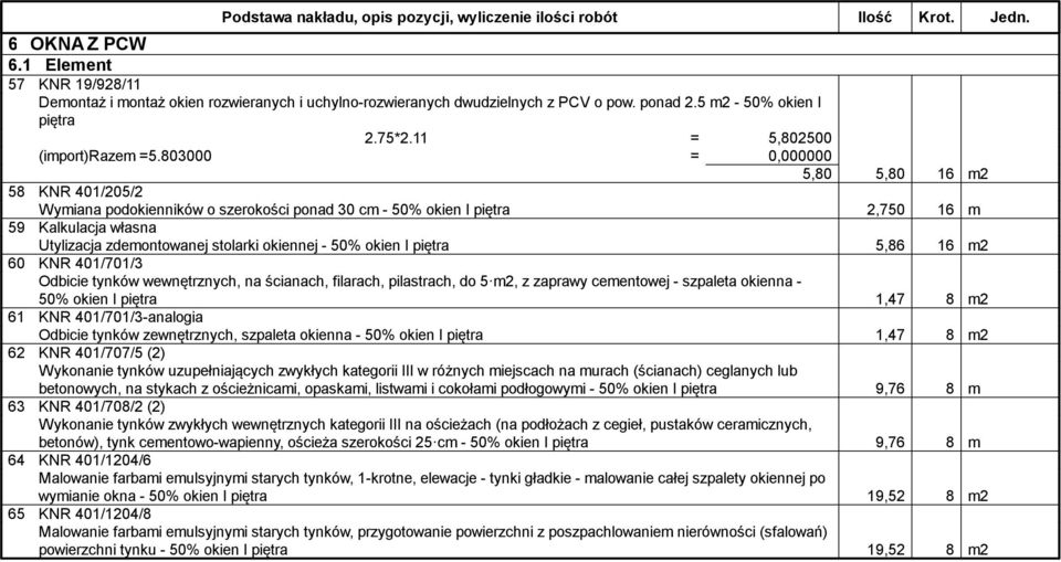 okien I piętra 5,86 16 m2 60 KNR 401/701/3 Odbicie tynków wewnętrznych, na ścianach, filarach, pilastrach, do 5 m2, z zaprawy cementowej - szpaleta okienna - 50% okien I piętra 1,47 8 m2 61 KNR