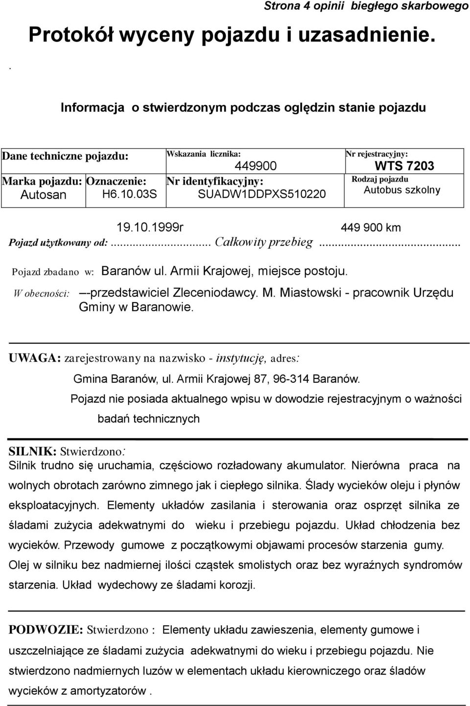 .. Pojazd zbadano w: Baranów ul. Armii Krajowej, miejsce postoju. W obecności: -przedstawiciel Zleceniodawcy. M. Miastowski - pracownik Urzędu Gminy w Baranowie.