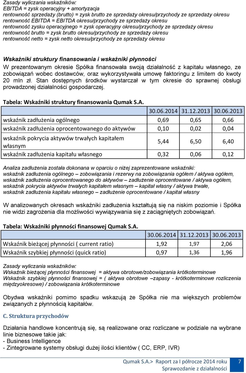 rentowność netto = zysk netto okresu/przychody ze sprzedaży okresu Wskaźniki struktury finansowania i wskaźniki płynności W prezentowanym okresie Spółka finansowała swoją działalność z kapitału