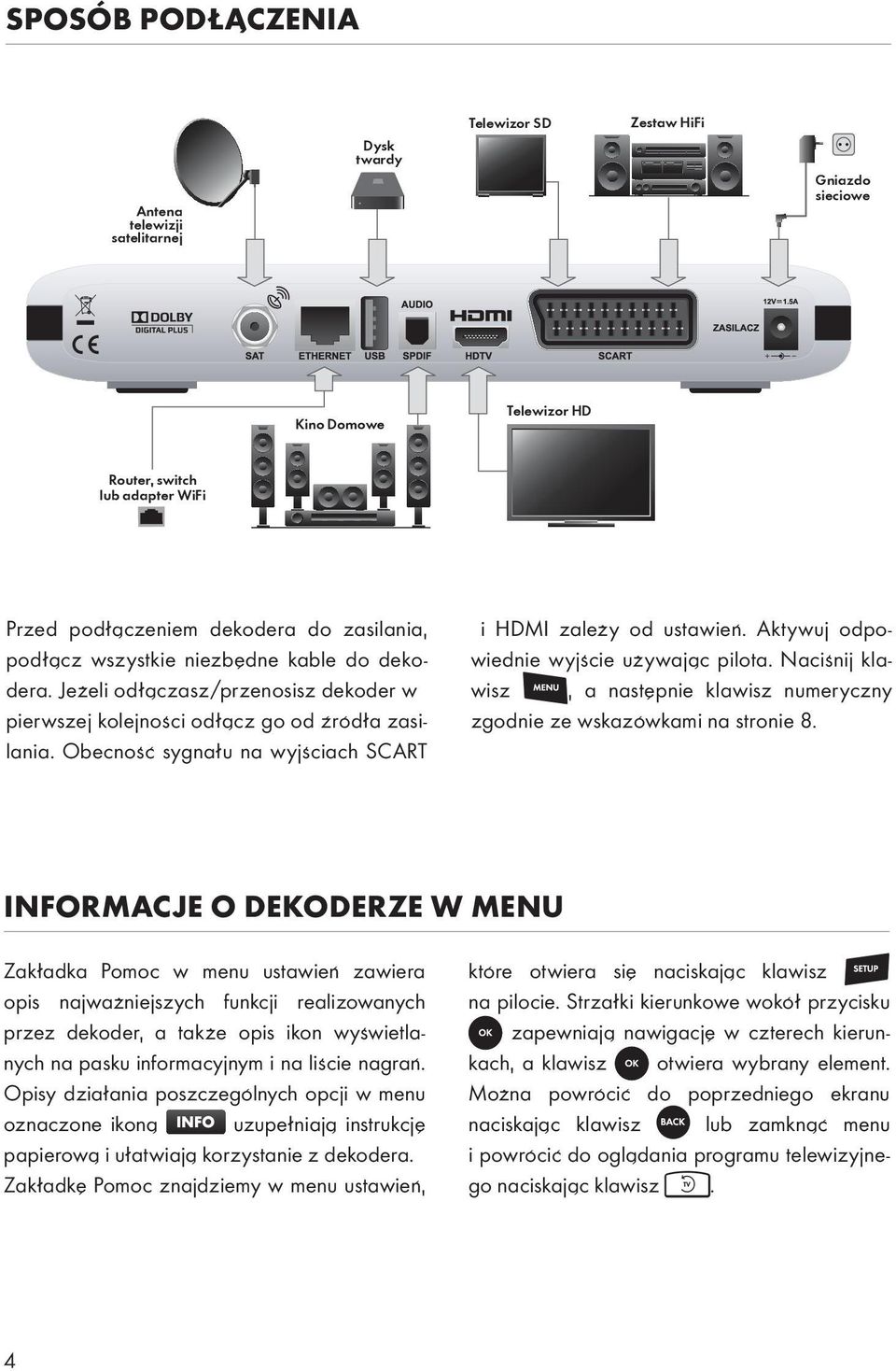 Obecność sygnału na wyjściach SCART i HDMI zależy od ustawień. Aktywuj odpowiednie wyjście używając pilota. Naciśnij klawisz, a następnie klawisz numeryczny zgodnie ze wskazówkami na stronie 8.