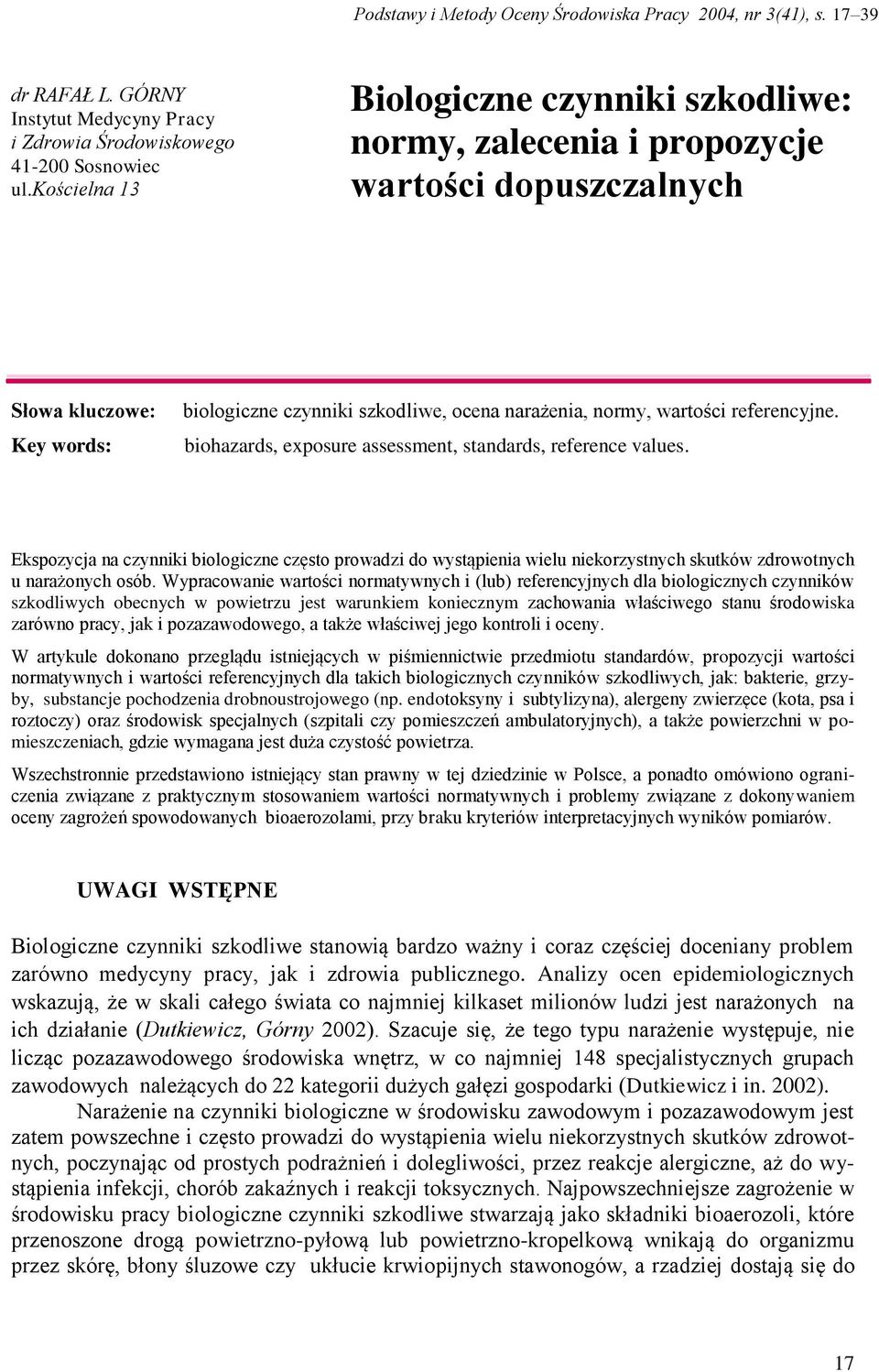 referencyjne. biohazards, exposure assessment, standards, reference values.