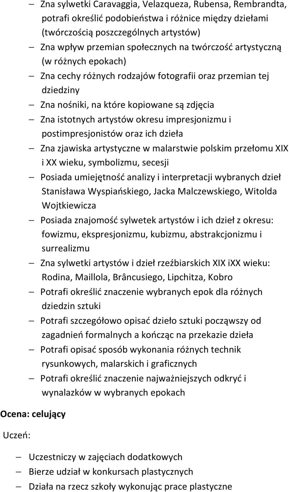 postimpresjonistów oraz ich dzieła Zna zjawiska artystyczne w malarstwie polskim przełomu XIX i XX wieku, symbolizmu, secesji Posiada umiejętność analizy i interpretacji wybranych dzieł Stanisława