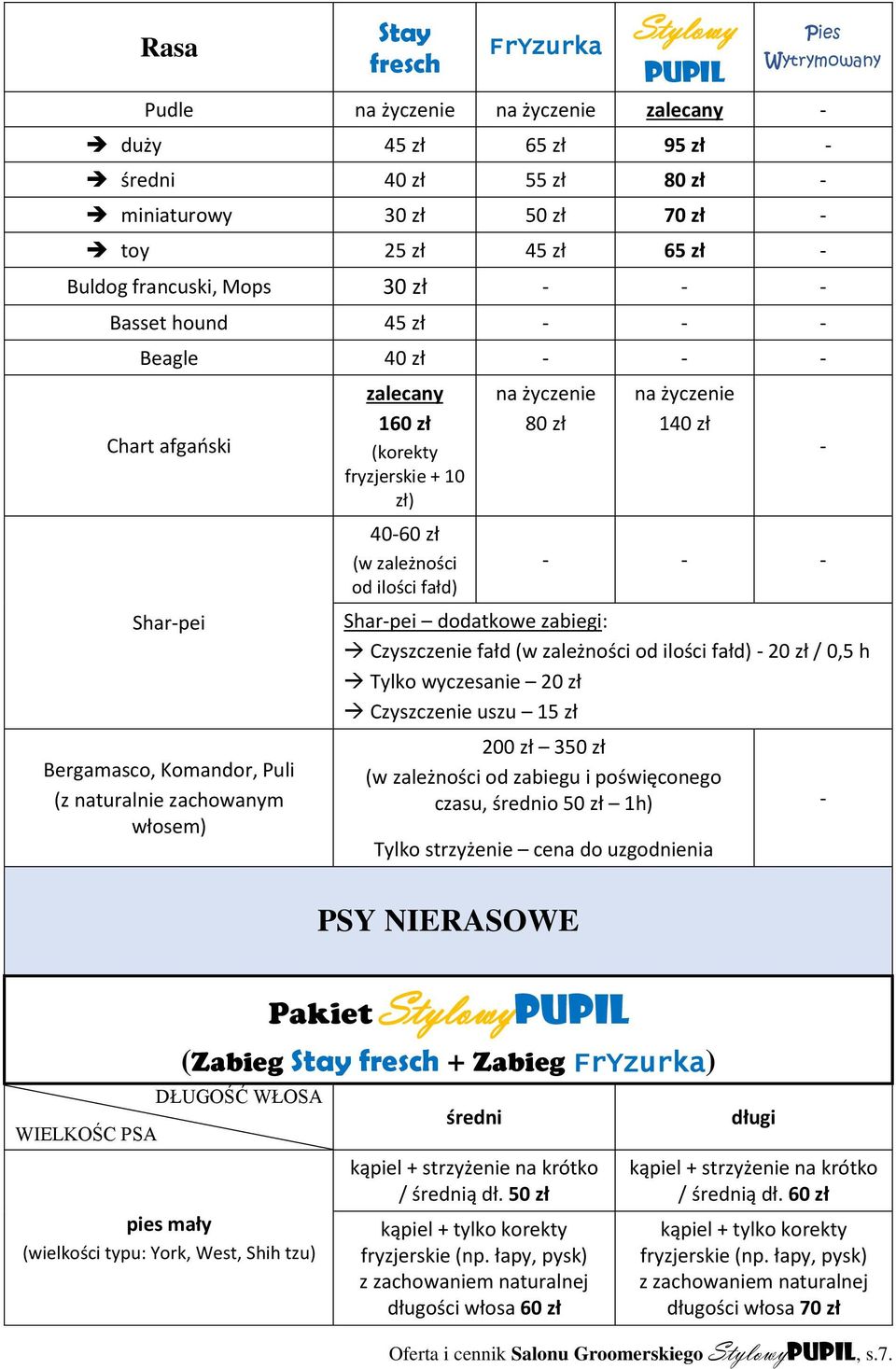 zależności od ilości fałd) 20 zł / 0,5 h Tylko wyczesanie 20 zł Czyszczenie uszu 15 zł 200 zł 3 (w zależności od zabiegu i poświęconego czasu, średnio 1h) Tylko strzyżenie cena do uzgodnienia PSY