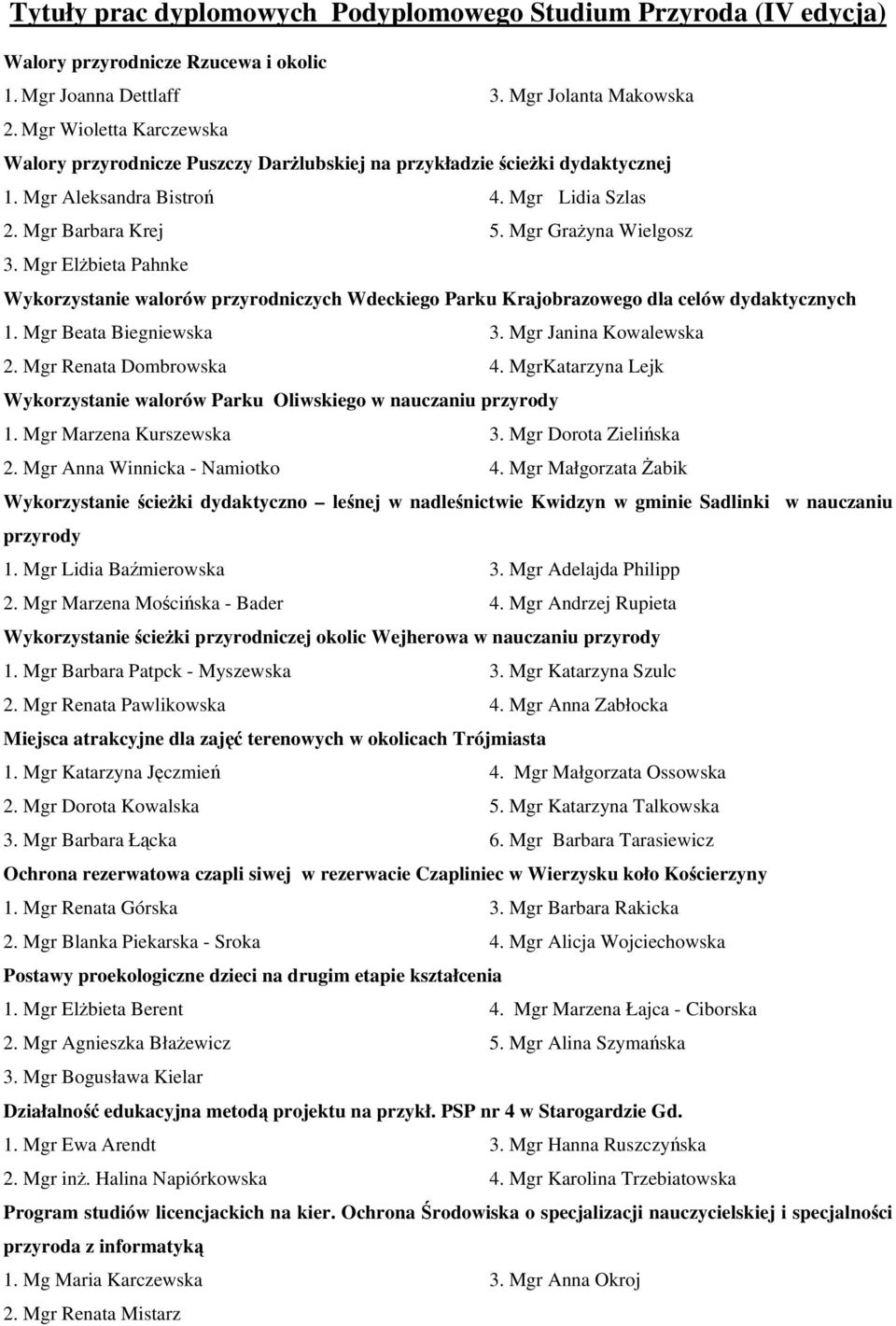 Mgr Elżbieta Pahnke Wykorzystanie walorów przyrodniczych Wdeckiego Parku Krajobrazowego dla celów dydaktycznych 1. Mgr Beata Biegniewska 3. Mgr Janina Kowalewska 2. Mgr Renata Dombrowska 4.