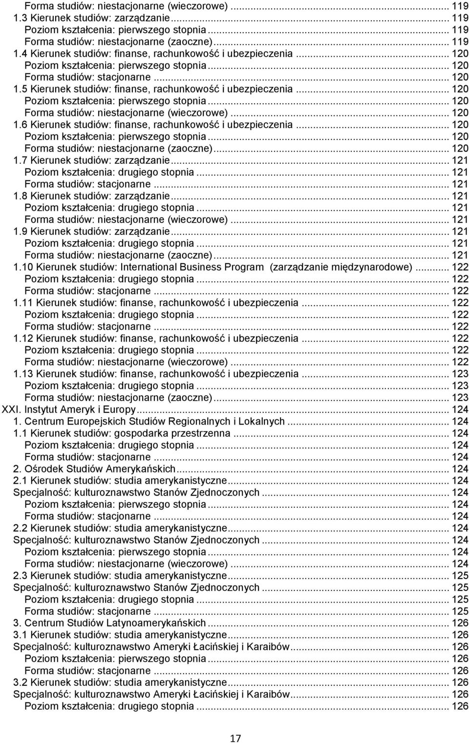 .. 120... 120 Forma studiów: niestacjonarne (zaoczne)... 120 1.7 Kierunek studiów: zarządzanie... 121... 121... 121 1.8 Kierunek studiów: zarządzanie... 121... 121 Forma studiów: niestacjonarne (wieczorowe).