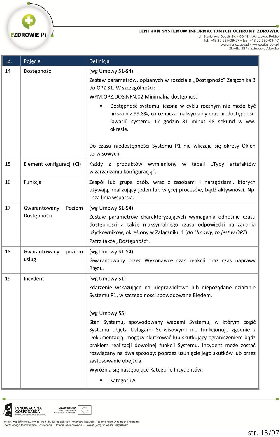 Do czasu niedostępności Systemu P1 nie wliczają się okresy Okien serwisowych. 15 Element konfiguracji (CI) Każdy z produktów wymieniony w tabeli Typy artefaktów w zarządzaniu konfiguracją.