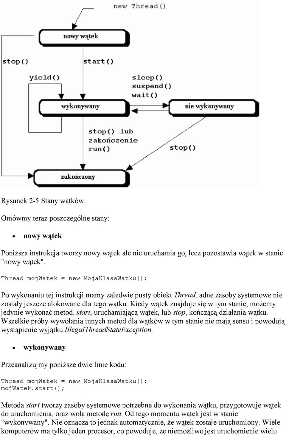Kiedy wątek znajduje się w tym stanie, moŝemy jedynie wykonać metod. start, uruchamiającą wątek, lub stop, kończącą działania wątku.