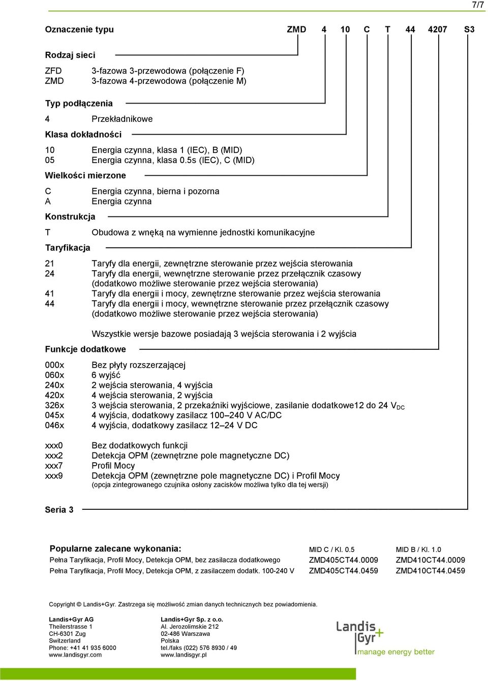 5s (IEC), C (MID) Energia czynna, bierna i pozorna Energia czynna Obudowa z wnęą na wymienne jednosti omuniacyjne Taryfy da energii, zewnętrzne sterowanie przez wejścia sterowania Taryfy da energii,
