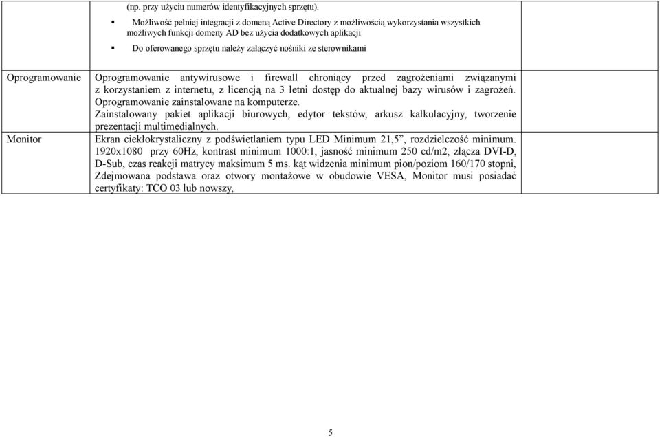 nośniki ze sterownikami Oprogramowanie Monitor Oprogramowanie antywirusowe i firewall chroniący przed zagrożeniami związanymi z korzystaniem z internetu, z licencją na 3 letni dostęp do aktualnej