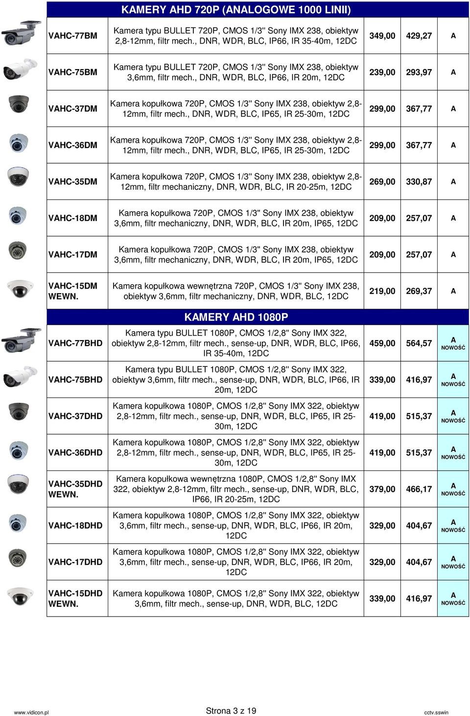 , DNR, WDR, BLC, IP66, IR 20m, 12DC 239,00 293,97 VHC-37DM Kamera kopułkowa 720P, CMOS 1/3'' Sony IMX 238, obiektyw 2,8-12mm, filtr mech.