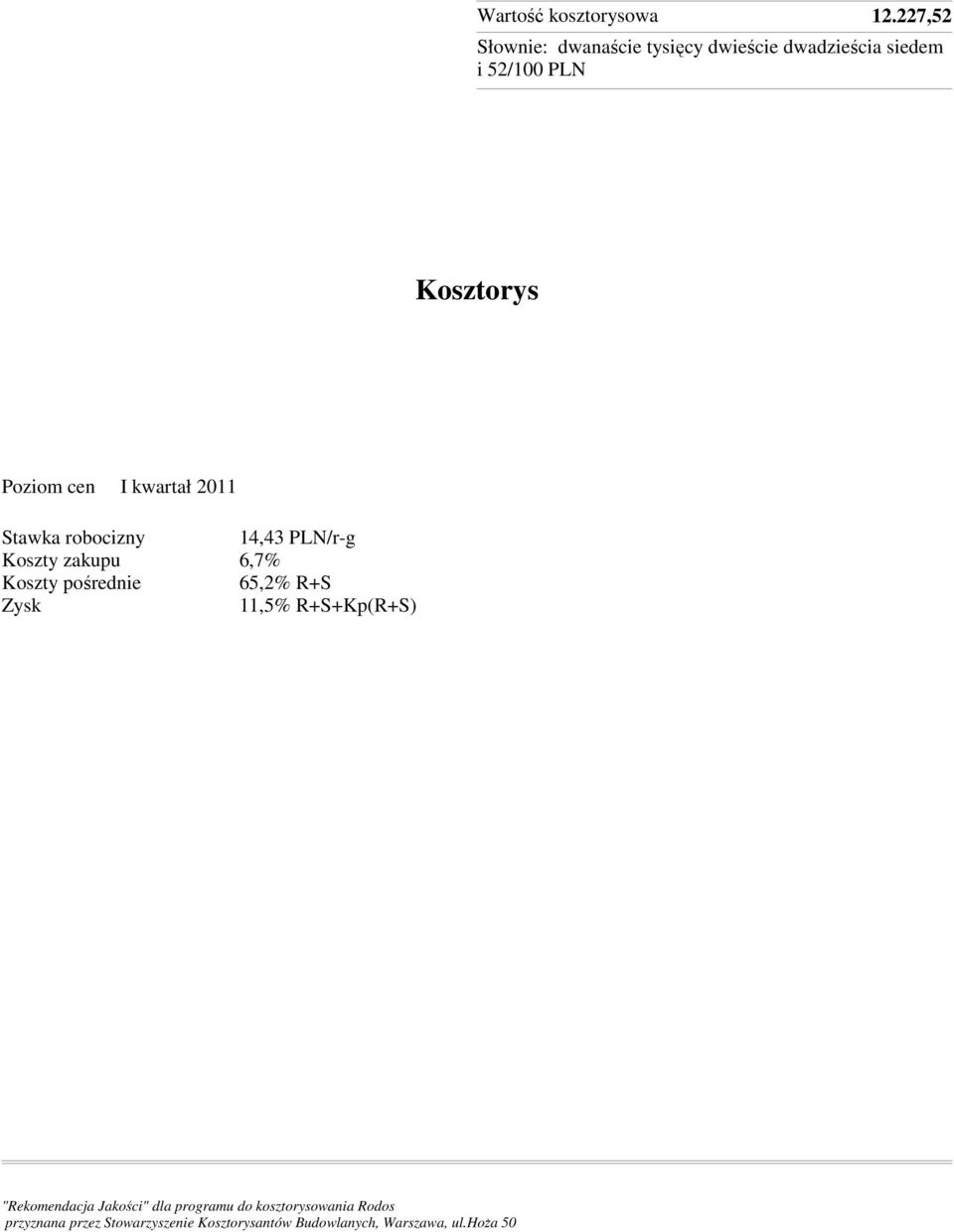 cen I kwartał 2011 Stawka robocizny 14,43 PLN/r-g Koszty zakupu 6,7% Koszty pośrednie 65,2%