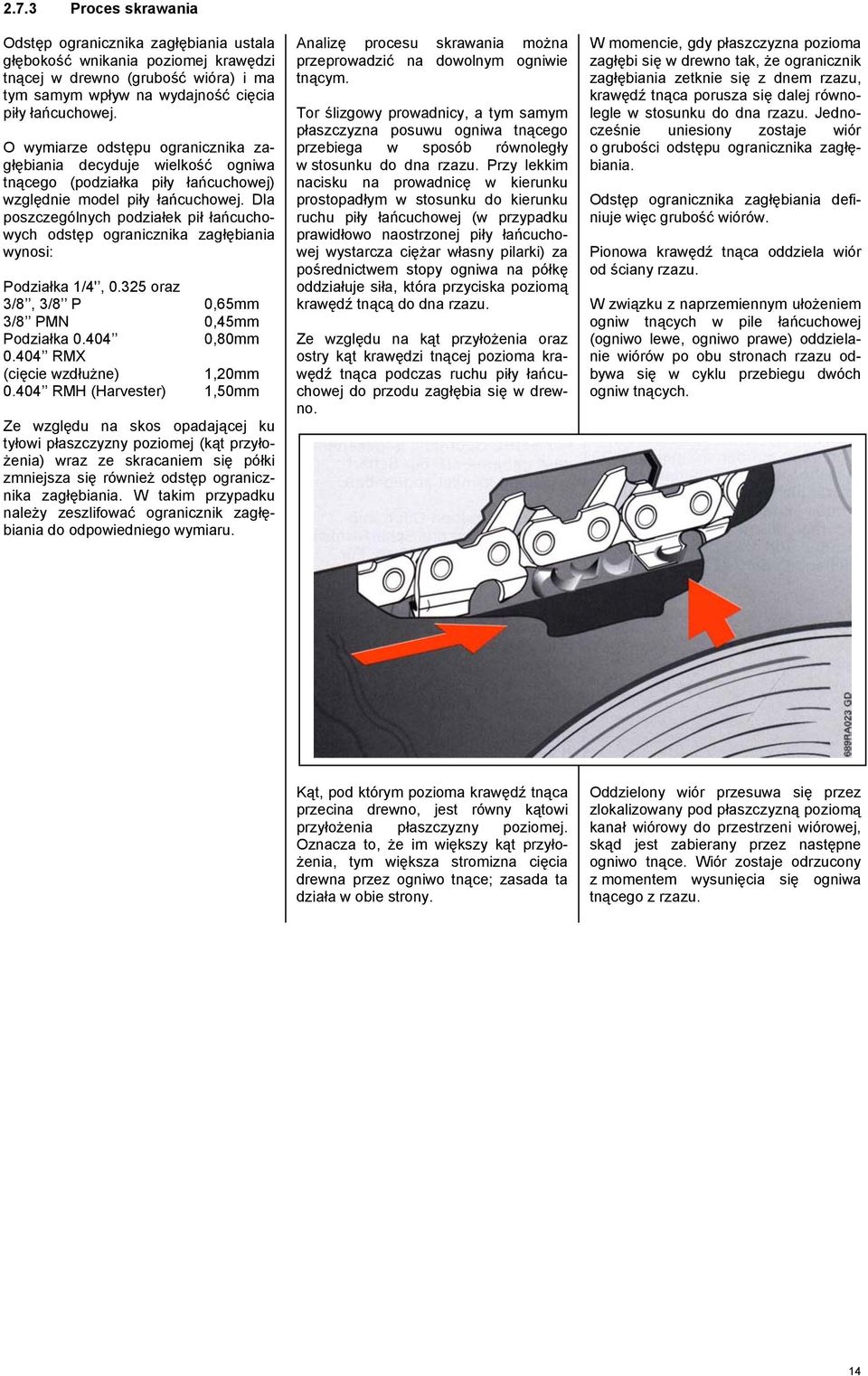 Dla poszczególnych podziałek pił łańcuchowych odstęp ogranicznika zagłębiania wynosi: Podziałka 1/4', 0.325 oraz 3/8, 3/8 P 0,65mm 3/8 PMN 0,45mm Podziałka 0.404 0,80mm 0.