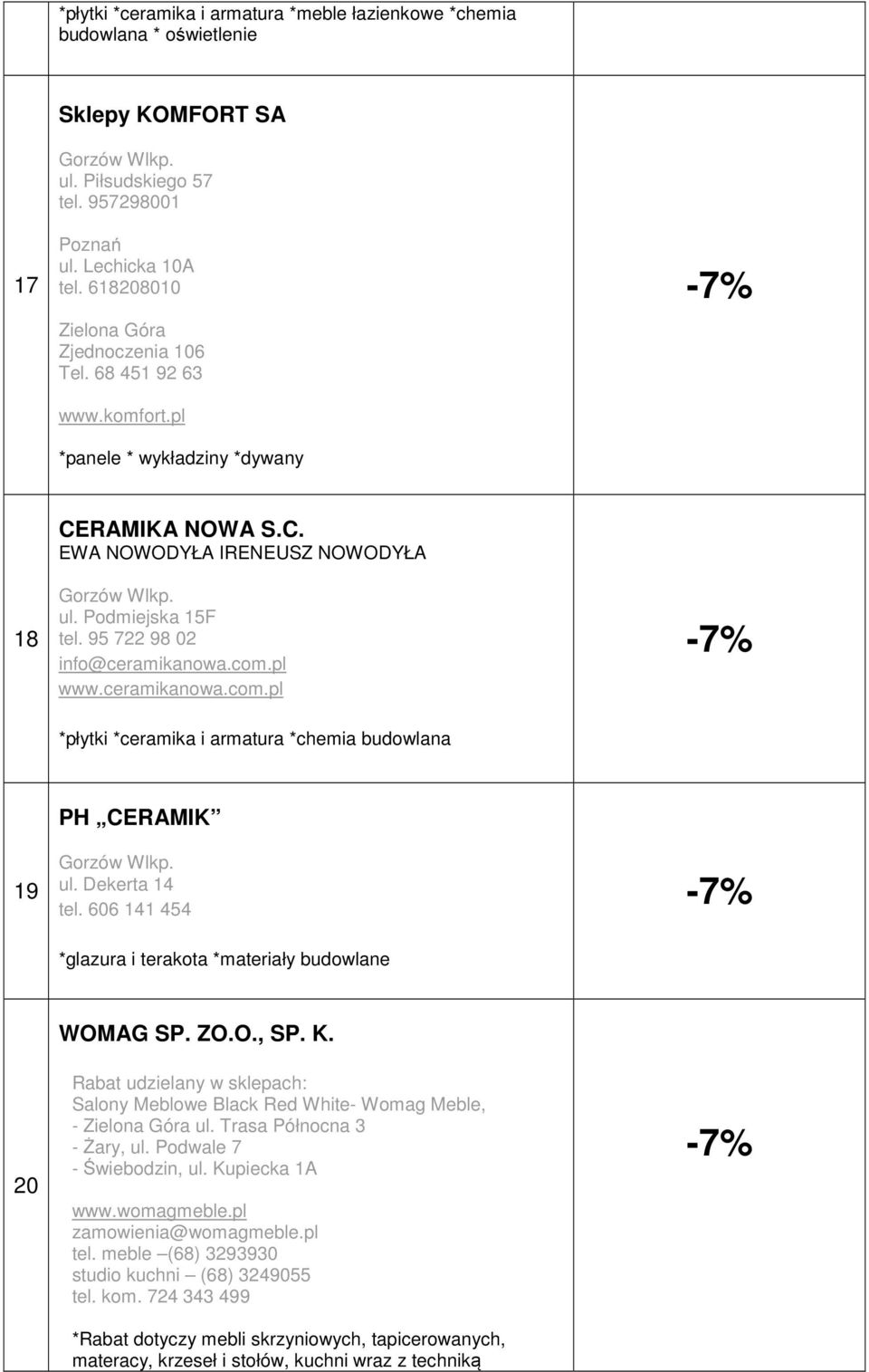 pl www.ceramikanowa.com.pl *płytki *ceramika i armatura *chemia budowlana 19 PH CERAMIK ul. Dekerta 14 tel. 606 141 454 *glazura i terakota *materiały budowlane 20 WOMAG SP. ZO.O., SP. K.