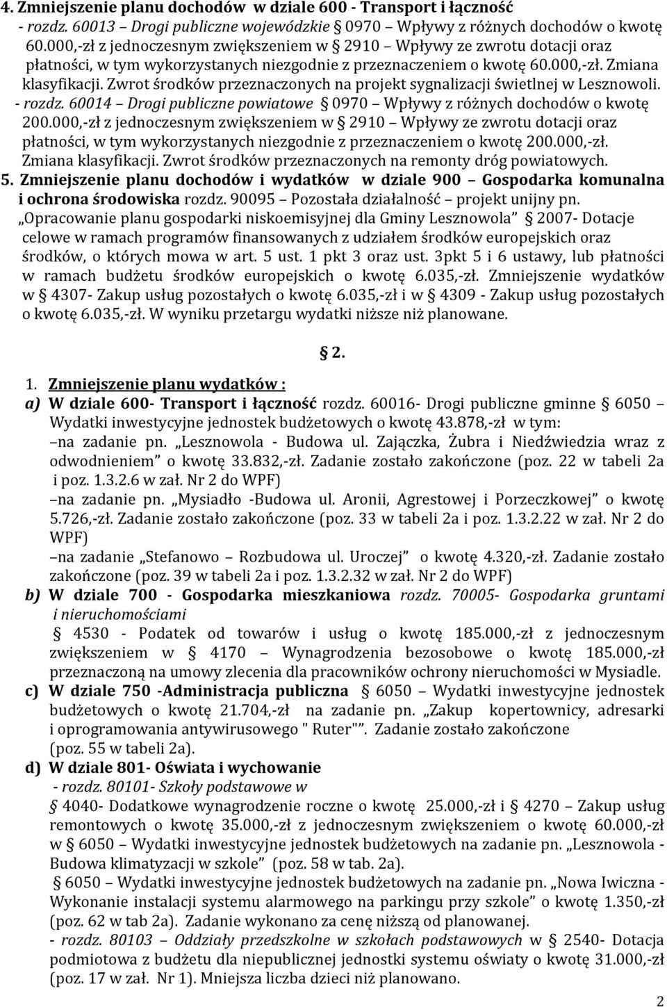 Zwrot środków przeznaczonych na projekt sygnalizacji świetlnej w Lesznowoli. - rozdz. 60014 Drogi publiczne powiatowe 0970 Wpływy z różnych dochodów o kwotę 200.