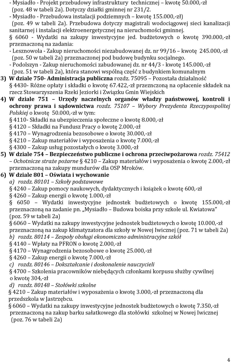 6060 - Wydatki na zakupy inwestycyjne jed. budżetowych o kwotę 390.000,-zł przeznaczoną na zadania: - Lesznowola - Zakup nieruchomości niezabudowanej dz. nr 99/16 kwotę 245.000,-zł (poz.