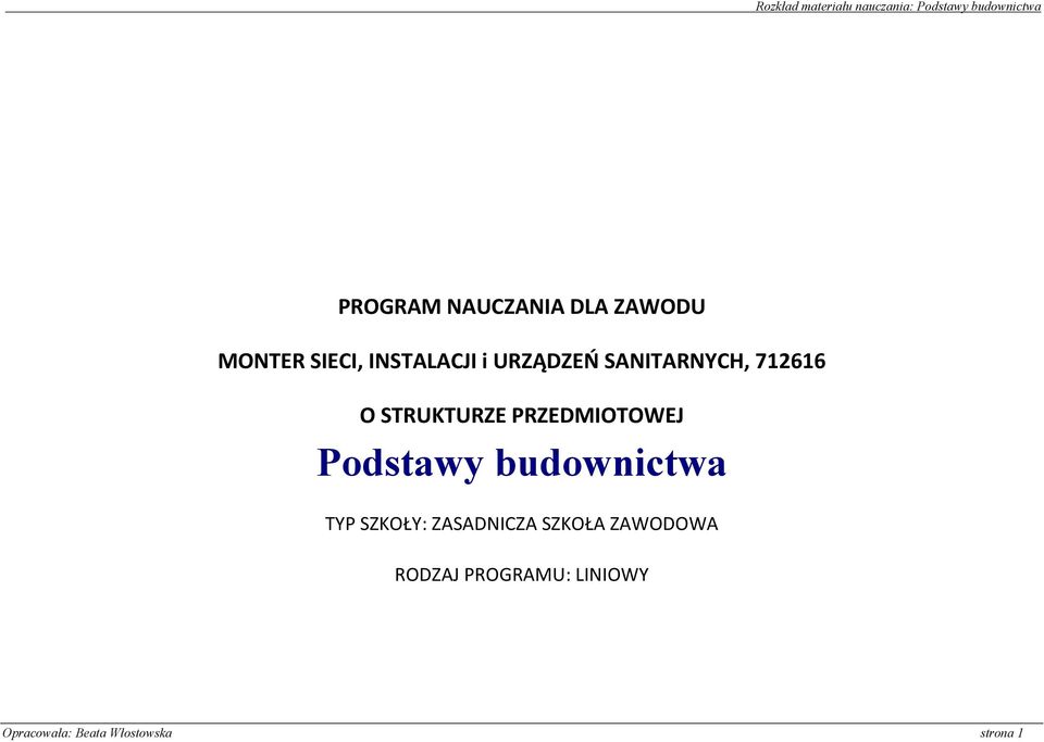 STRUKTURZE PRZEDMIOTOWEJ Podstawy budownictwa TYP SZKOŁY: ZASADNICZA