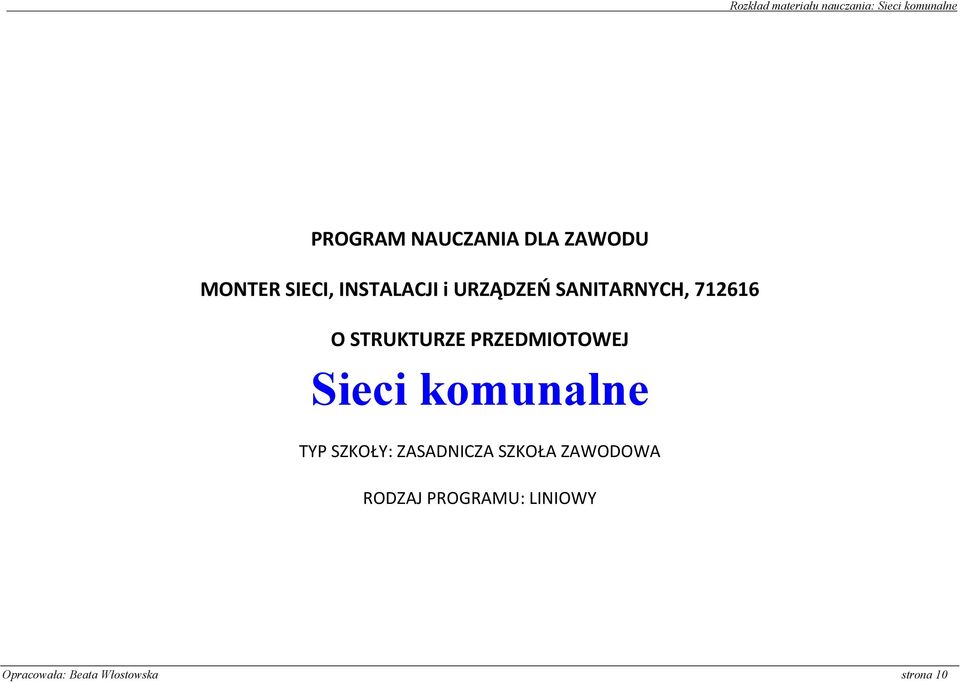 STRUKTURZE PRZEDMIOTOWEJ Sieci komunalne TYP SZKOŁY: ZASADNICZA