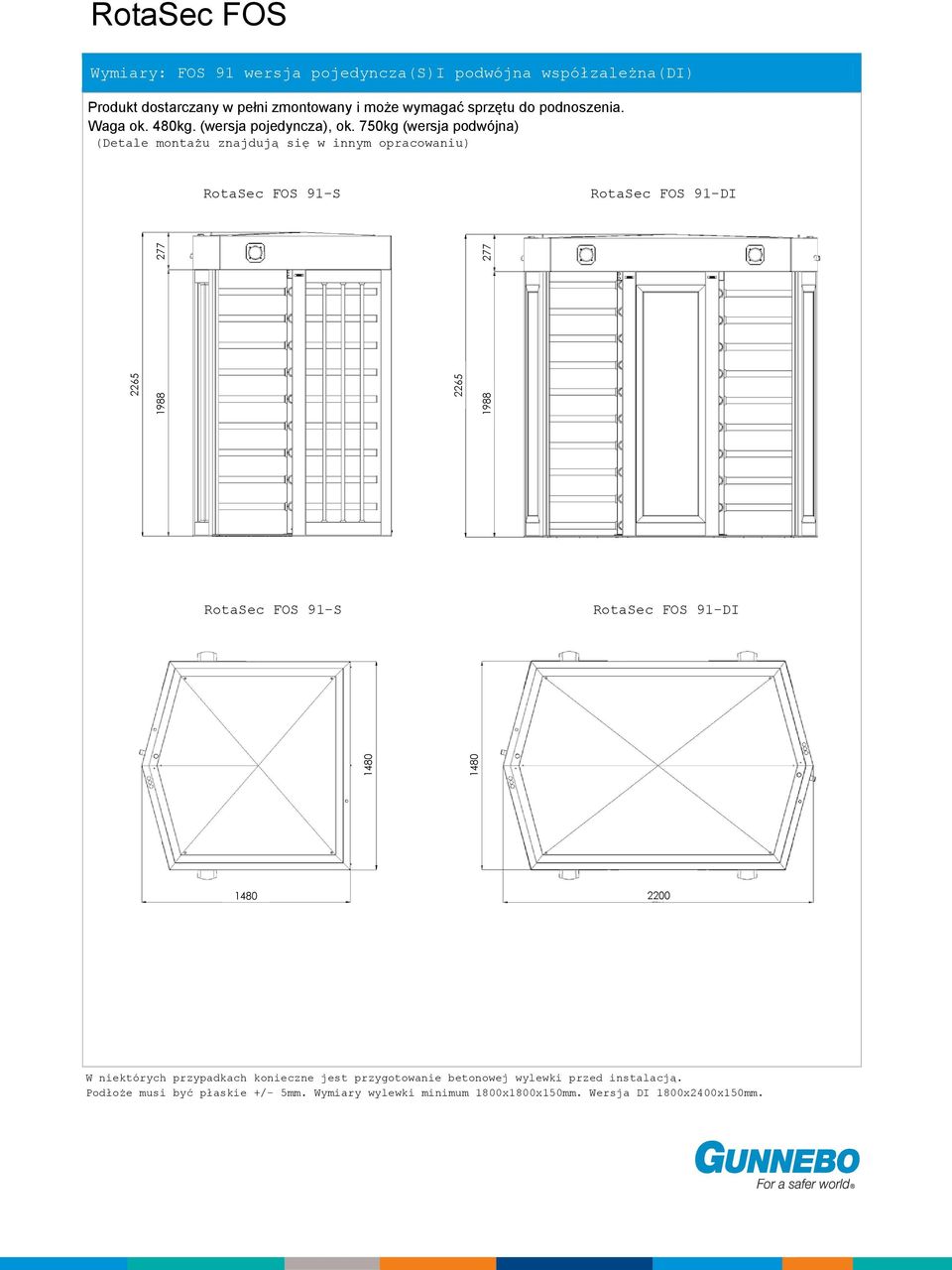 750kg (wersja podwójna) (Detale montażu znajdują się w innym opracowaniu) RotaSec FOS 91-S RotaSec FOS 91-DI RotaSec FOS 91-S RotaSec FOS 91-DI