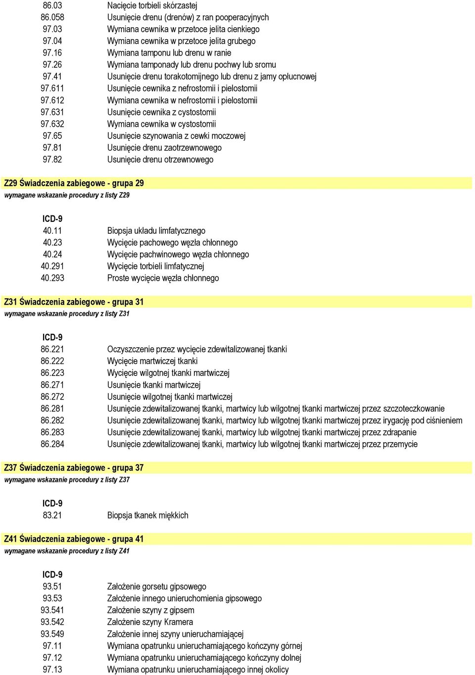 612 Wymiana cewnika w nefrostomii i pielostomii 97.631 Usunięcie cewnika z cystostomii 97.632 Wymiana cewnika w cystostomii 97.65 Usunięcie szynowania z cewki moczowej 97.