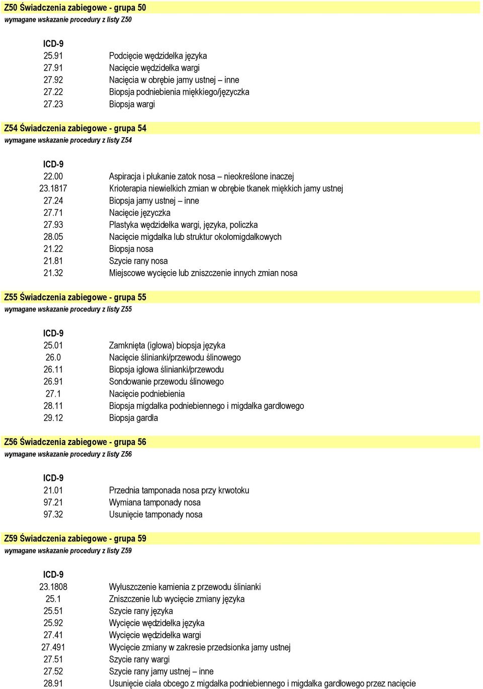 00 Aspiracja i płukanie zatok nosa nieokreślone inaczej 23.1817 Krioterapia niewielkich zmian w obrębie tkanek miękkich jamy ustnej 27.24 Biopsja jamy ustnej inne 27.71 Nacięcie języczka 27.