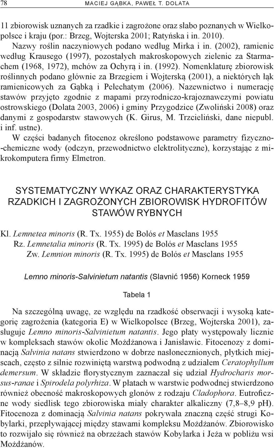 Nomenklaturę zbiorowisk roślinnych podano głównie za Brzegiem i Wojterską (2001), a niektórych łąk ramienicowych za Gąbką i Pełechatym (2006).