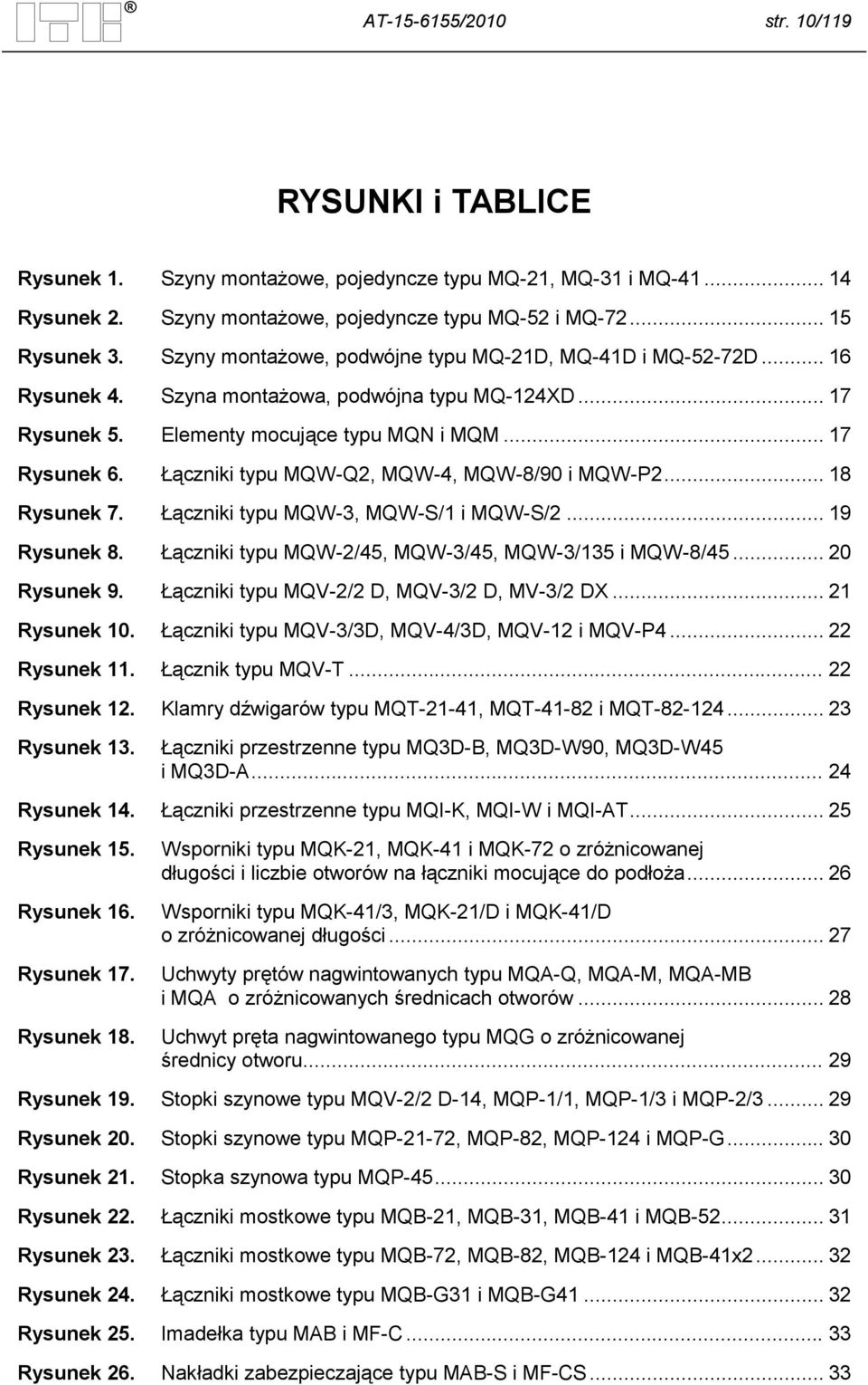 Łączniki typu MQW-Q2, MQW-4, MQW-8/90 i MQW-P2... 18 Rysunek 7. Łączniki typu MQW-3, MQW-S/1 i MQW-S/2... 19 Rysunek 8. Łączniki typu MQW-2/45, MQW-3/45, MQW-3/135 i MQW-8/45... 20 Rysunek 9.