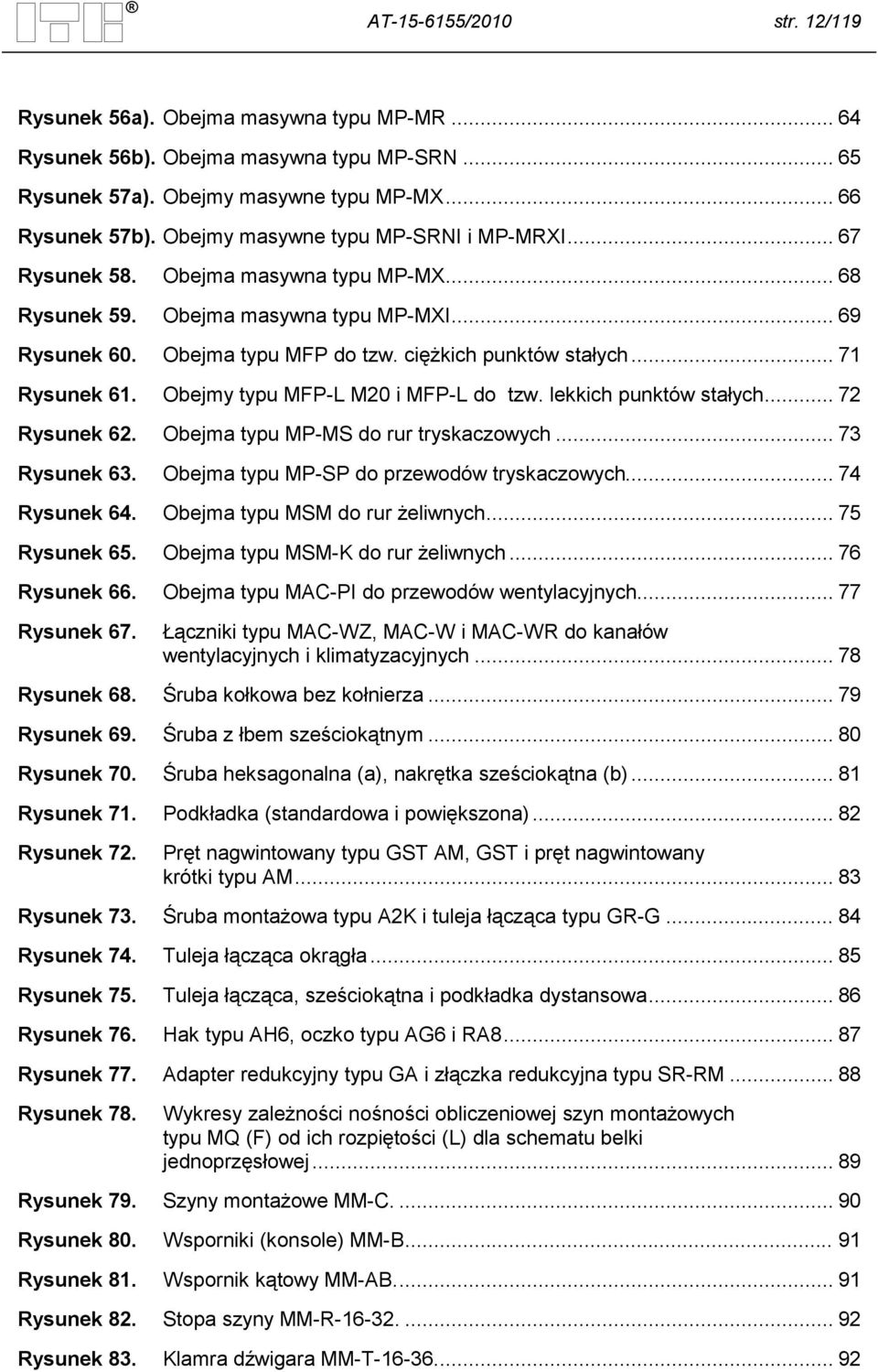 .. 71 Rysunek 61. Obejmy typu MFP-L M20 i MFP-L do tzw. lekkich punktów stałych... 72 Rysunek 62. Obejma typu MP-MS do rur tryskaczowych... 73 Rysunek 63. Obejma typu MP-SP do przewodów tryskaczowych.