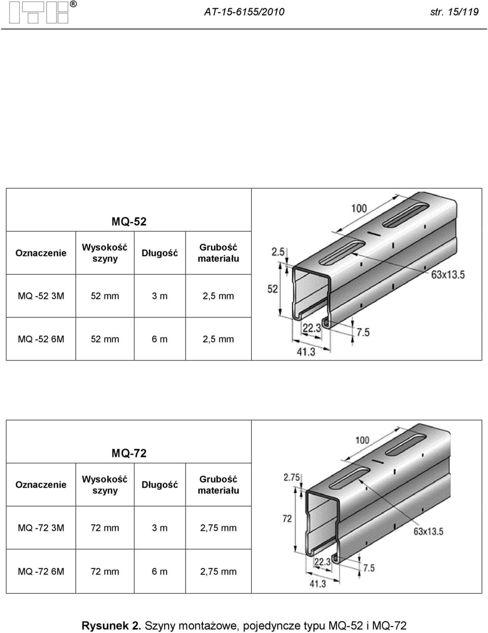 3M 52 3 m 2,5 MQ -52 6M 52 6 m 2,5 MQ-72 Oznaczenie Wysokość szyny