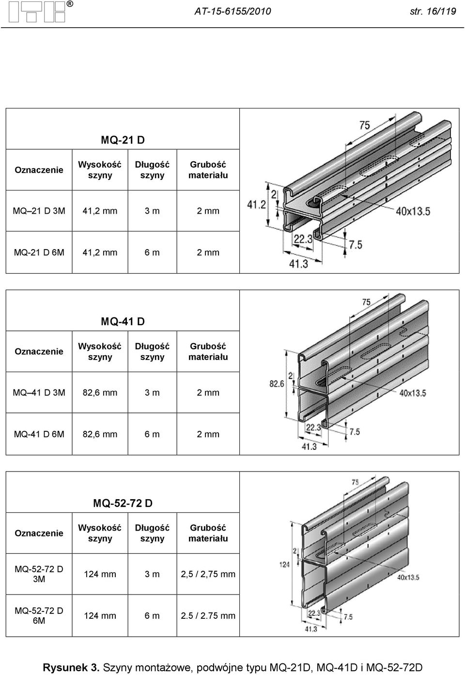 m 2 MQ-41 D Oznaczenie Wysokość szyny Długość szyny Grubość materiału MQ 41 D 3M 82,6 3 m 2 MQ-41 D 6M 82,6 6 m