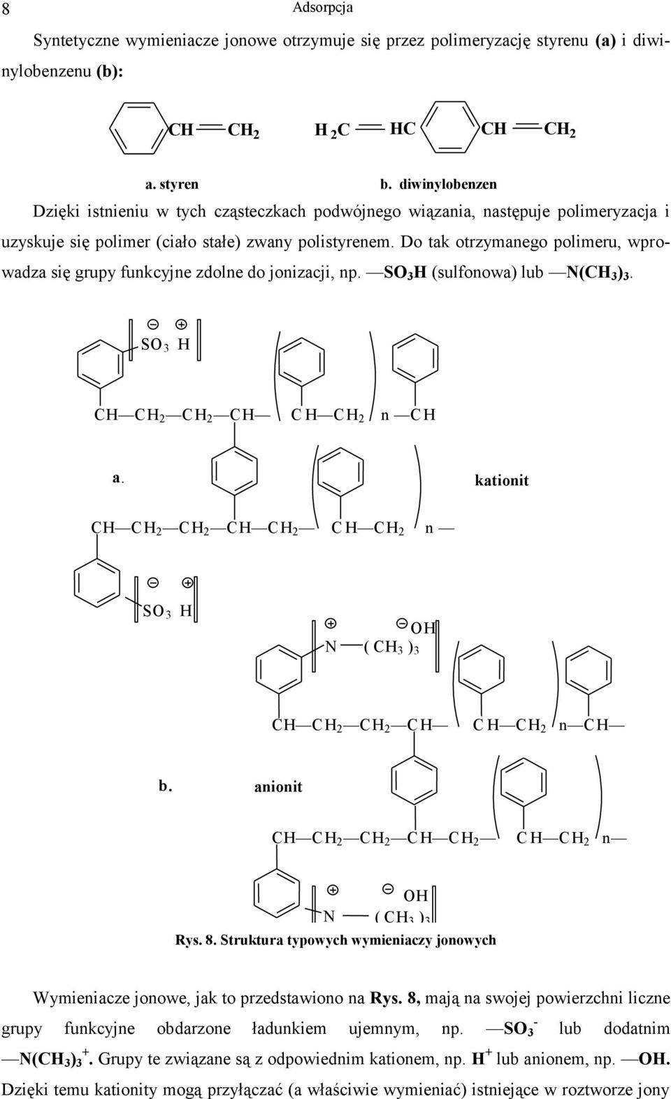 Do tak otrzymanego polimeru, wprowadza się grupy funkcyjne zdolne do jonizacji, np. SO 3 H (sulfonowa) lub N(CH 3 ) 3. SO 3 H CH CH 2 C H 2 C H C H C H 2 n C H a.