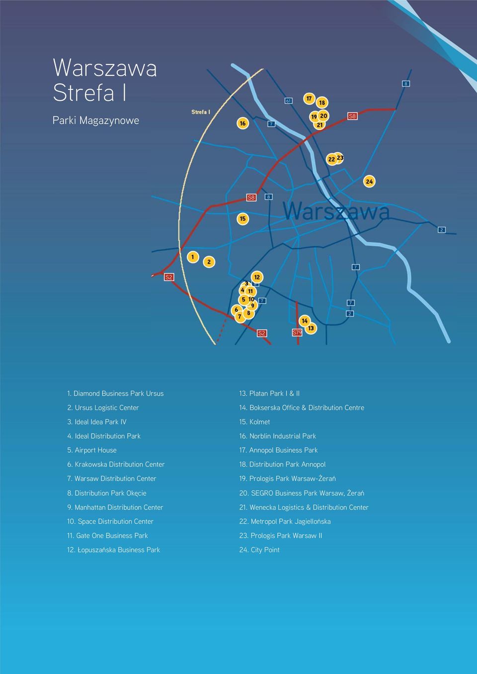 Prologis Park Warsaw-Żerań 8. Distribution Park Okęcie 20. SEGRO Business Park Warsaw, Żerań 9. Manhattan Distribution Center 21. Wenecka Logistics & Distribution Center 10.