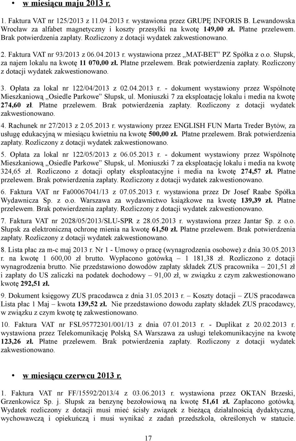 Rozliczony z dotacji wydatek zakwestionowano. 3. Opłata za lokal nr 122/04/2013 z 02.04.2013 r. - dokument wystawiony przez Wspólnotę Mieszkaniową Osiedle Parkowe Słupsk, ul.